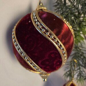 Red Velvet Satin Ribbon Gold Beaded Trim Ornaments Vintage